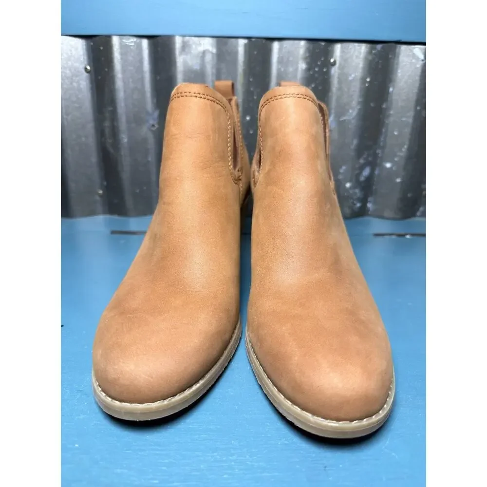 TOMS Kallie Wedge Ankle Bootie Size 8 Tan Oiled Leather Nubuck Slip-On Cutout